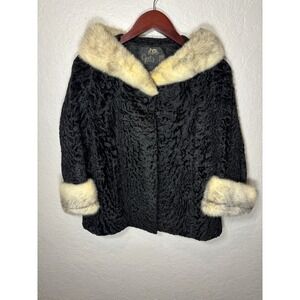 Vintage Gertz Black Persian Lamb Fur Coat With Mink Collar & Cuffs, Black, S/M